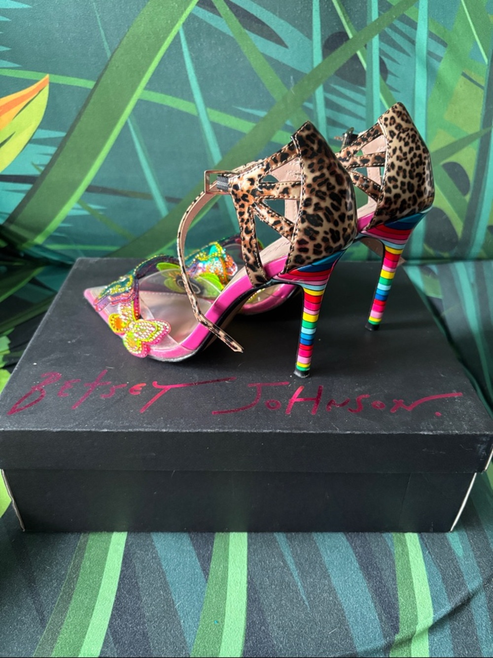 Betsey Johnson Leopard Print Strappy Heels with Rainbow Stripe Heel